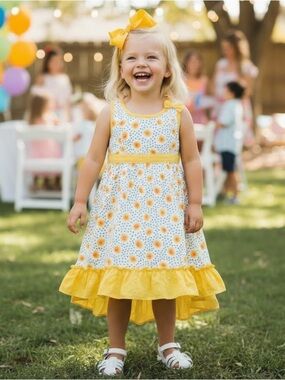 Penelope Mack Yellow Sunflower Print Eyelet Ruffle Hem SunDress | Size 5